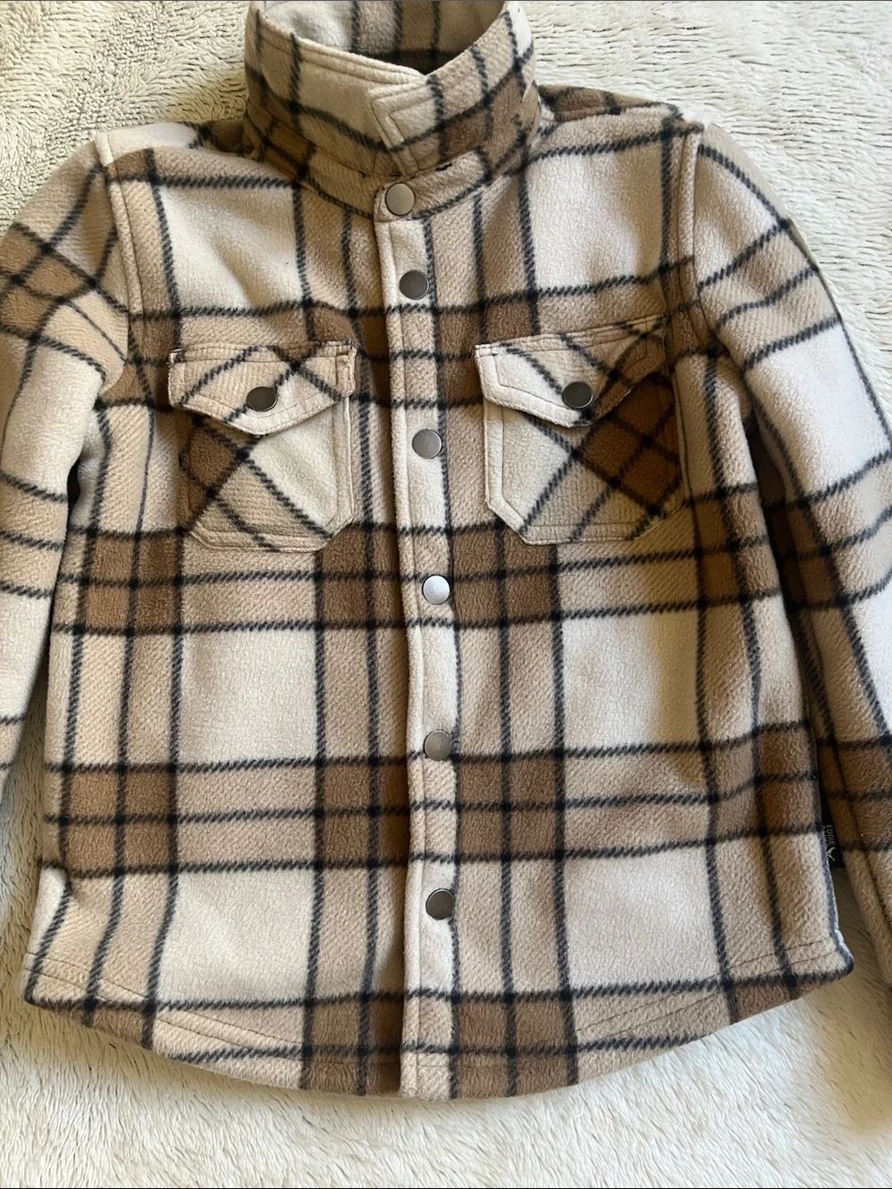Boys Eddie Bauer Beige and Brown Plaid Fleece Shacket